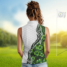 Load image into Gallery viewer, Custom White and Green shamrock pattern Sleeveless Golf Polo Shirts, St Patrick's day ladies golf top NQS11208