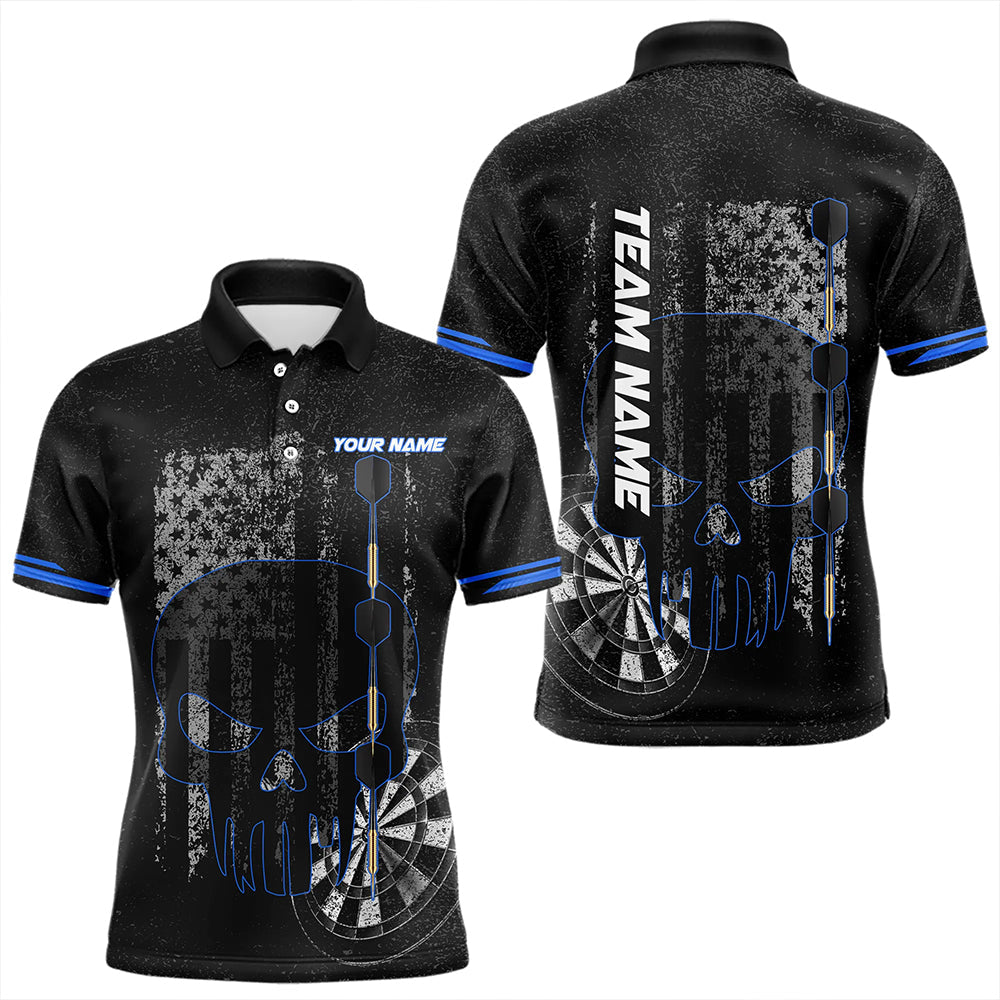 Black & White grunge American Flag Skull Darts Shirt For Men Custom patriotic Team Darts Jersey | Blue NQS9343