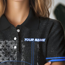 Load image into Gallery viewer, Black &amp; White grunge American Flag Skull Women golf polo shirts custom golf attire for ladies | Blue NQS9344