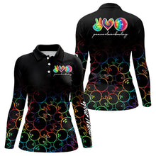 Load image into Gallery viewer, Colorful tie dye Black Bowling Camo Bowling Shirts for Women Custom Peace Love Bowling Team Jerseys NQS9483