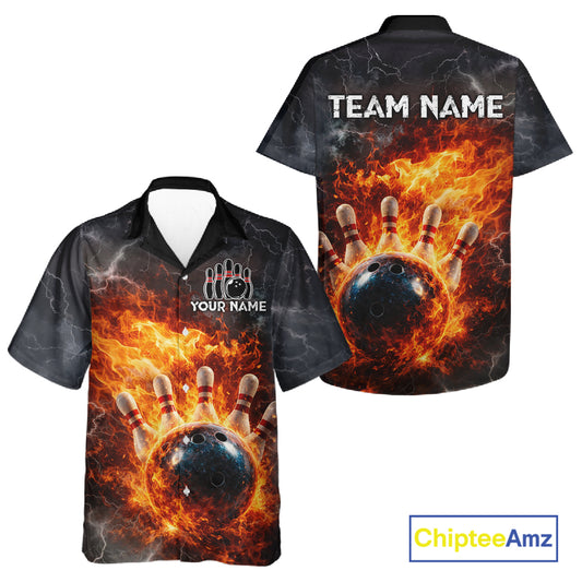 Custom Orange Flame Lightning Thunder Bowling Button-up shirt, bowling team jerseys gift for bowlers NQS11618