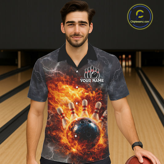 Custom Orange Flame Lightning Thunder Bowling Button-up shirt, bowling team jerseys gift for bowlers NQS11618