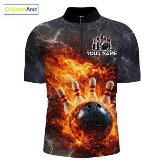 Custom Orange Flame Lightning Thunder Bowling shirts for Men, bowling team jerseys gift for bowlers NQS11618