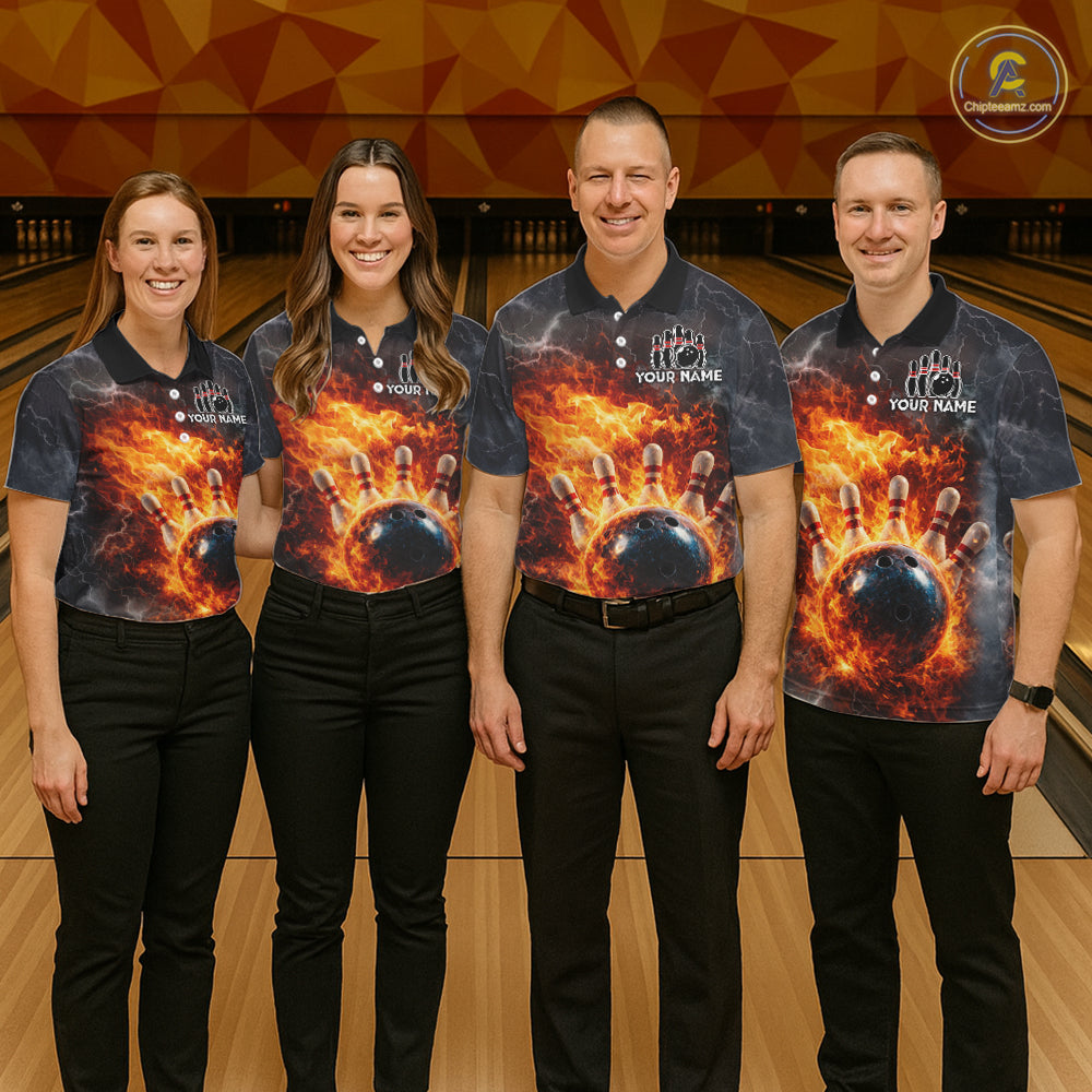 Custom Orange Flame Lightning Thunder Bowling shirts for Men, bowling team jerseys gift for bowlers NQS11618