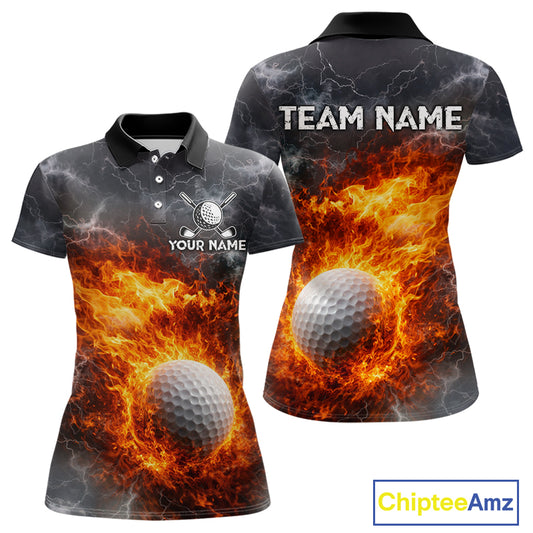 Custom Orange Flame Lightning Thunder Womens Golf Polo Shirt, Golf attire For Ladies Golfing Gifts NQS11619