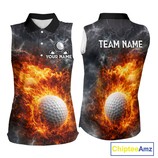 Custom Orange Flame Lightning Thunder Sleeveless Golf Polo Shirt, Golf attire For Ladies Golfing Gift NQS11619