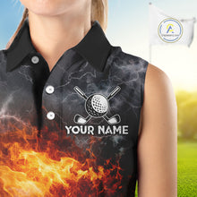 Load image into Gallery viewer, Custom Orange Flame Lightning Thunder Sleeveless Golf Polo Shirt, Golf attire For Ladies Golfing Gift NQS11619