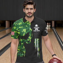 Load image into Gallery viewer, Skull Green Camouflage American Flag Mens Bowling Shirts Custom Patriotic Bowling Team Jerseys For Men NQS9641