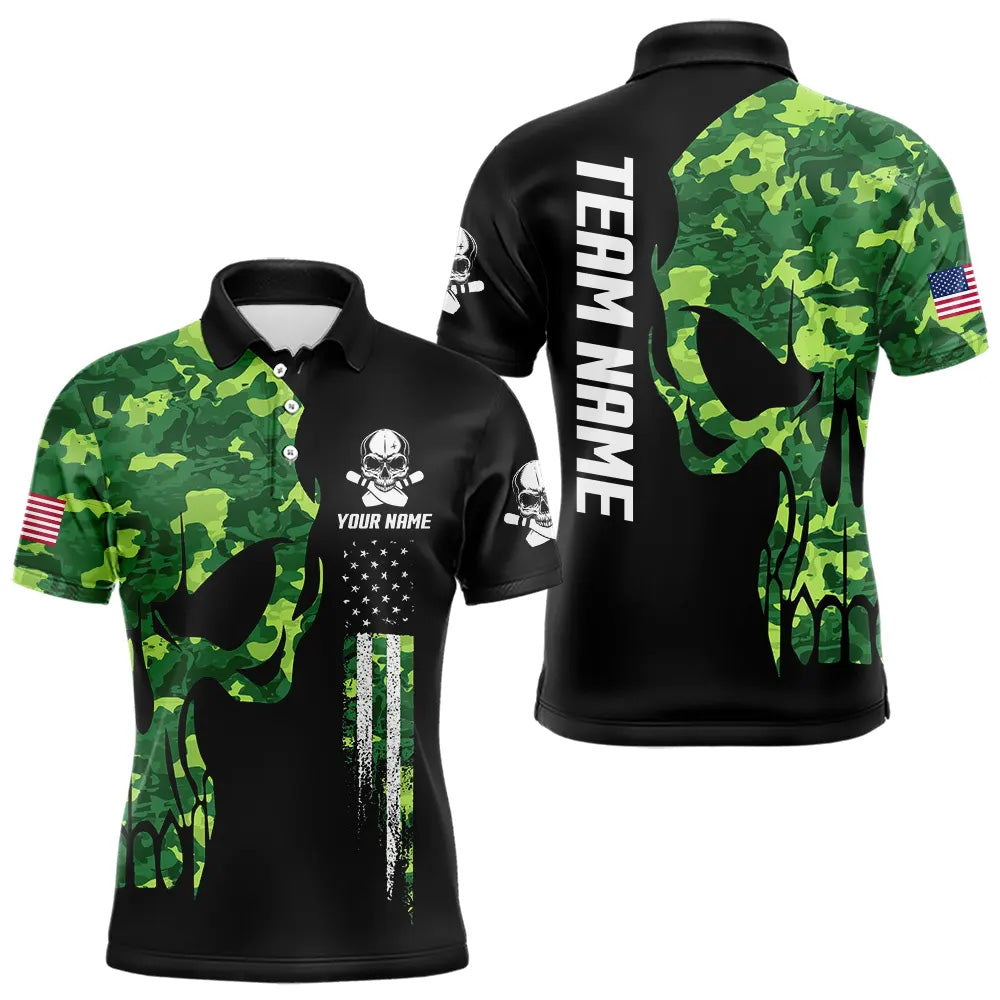 Skull Green Camouflage American Flag Mens Bowling Shirts Custom Patriotic Bowling Team Jerseys For Men NQS9641