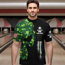 Load image into Gallery viewer, Skull Green Camouflage American Flag Mens Bowling Shirts Custom Patriotic Bowling Team Jerseys For Men NQS9641