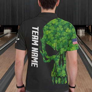 Skull Green Clover pattern American Flag Mens Bowling Shirt Custom St Patrick Day Bowling Team Jersey NQS9643