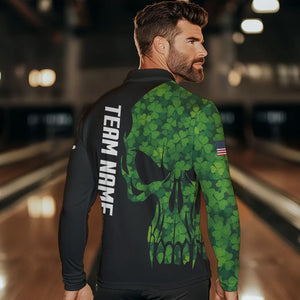 Skull Green Clover pattern American Flag Mens Bowling Shirt Custom St Patrick Day Bowling Team Jersey NQS9643