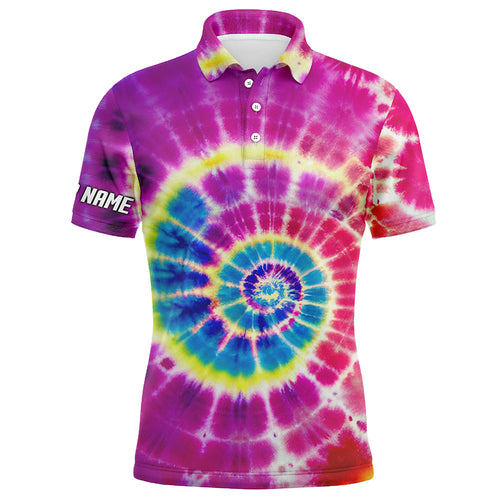 Mens golf polo shirt with colorful spiral tie dye background custom team golf shirts for mens golfers NQS5433