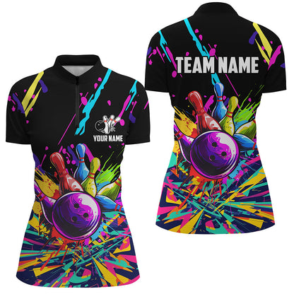 Colorful bowling jerseys Bowling Polo, 1/4 Zip Shirt for Women Custom Bowling Team shirts for bowlers NQS7597