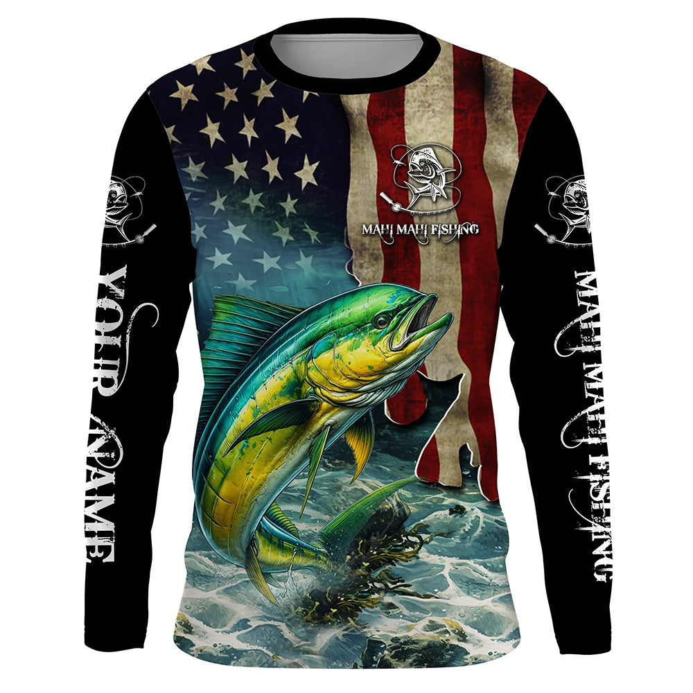 Mahi Mahi Fishing American Flag UV protection customize name long sleeves shirt NQS679