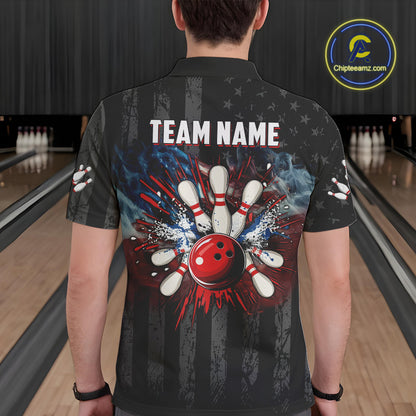 Black Texas flag smoke Men Bowling Polo, Quarter Zip shirt Custom Patriotic Team Bowling Jersey NQS10402