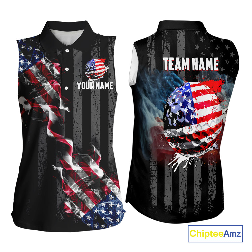 Black American flag smoke Women's Sleeveless Polo Shirt Custom Patriotic Team Golf attire NQS10615