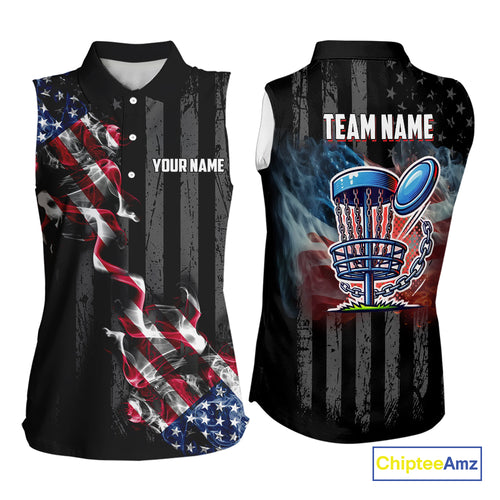 Black American flag smoke Women's Sleeveless Polo Shirt Custom Patriotic Team Disc Golf attire NQS10616