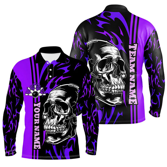 Bowling Shirts For Men Custom Black and Purple flame skull Bowling ball and pins Team league Jerseys NQS8665