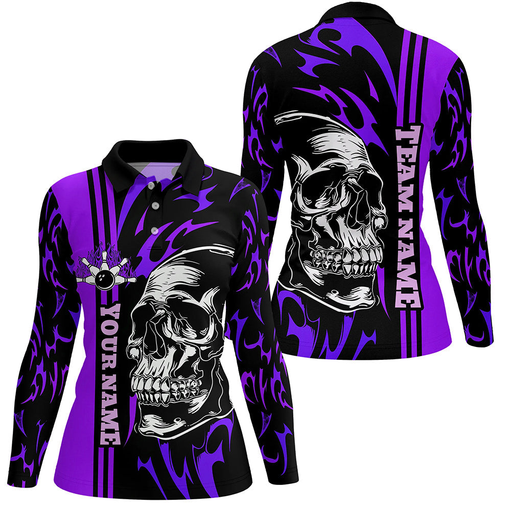 Bowling Shirts For Women Custom Black and Purple flame skull Bowling ball and pins Team league Jerseys NQS8665