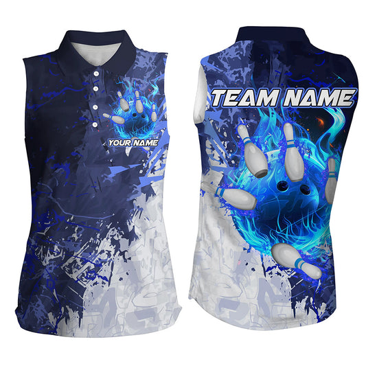 Blue Camo Flame Bowling Sleeveless Polo Shirts For Women Custom Bowling Team Jersey Outfits NQS8669