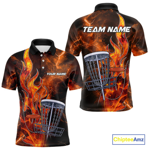 Orange Flame Lightning Thunder Disc golf polo shirts For Men Custom Team disc golf outfits NQS10847