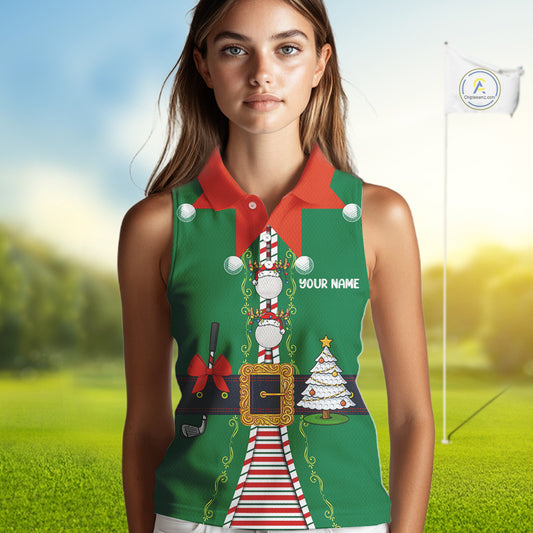 Green and Red Funny Elf Christmas Sleeveless Golf Polo shirt Custom ladies Christmas golf tops NQS11019