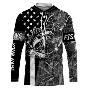 Walleye fishing custom name black American flag camo performance long sleeve fishing shirts for men NQSD99