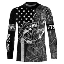 Load image into Gallery viewer, Walleye fishing custom name black American flag camo performance long sleeve fishing shirts for men NQSD99