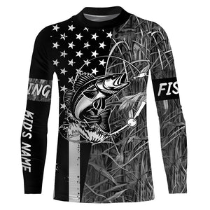 Walleye fishing custom name black American flag camo performance long sleeve fishing shirts for men NQSD99