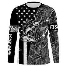 Load image into Gallery viewer, Walleye fishing custom name black American flag camo performance long sleeve fishing shirts for men NQSD99