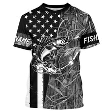 Load image into Gallery viewer, Walleye fishing custom name black American flag camo performance long sleeve fishing shirts for men NQSD99