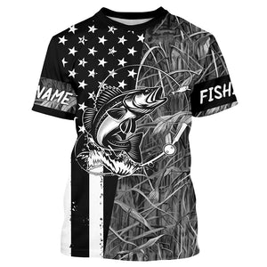 Walleye fishing custom name black American flag camo performance long sleeve fishing shirts for men NQSD99