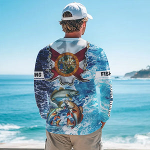 Florida Flag Redfish, trout, snook blue wave camo custom name performance long sleeve fishing shirts NQS9488