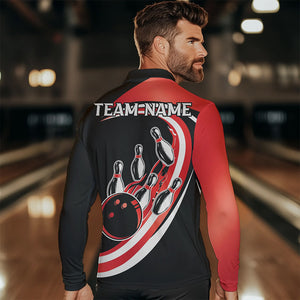 Black and Red Bowling Polo, 1/4 Zip Shirt For Men Custom Bowling Team League Jersey, Gift For Bowler NQS9490