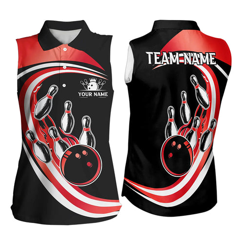 Black and Red Bowling Sleeveless Polo Shirt Custom Bowling Team League Jersey, Gift For Bowlers NQS9490