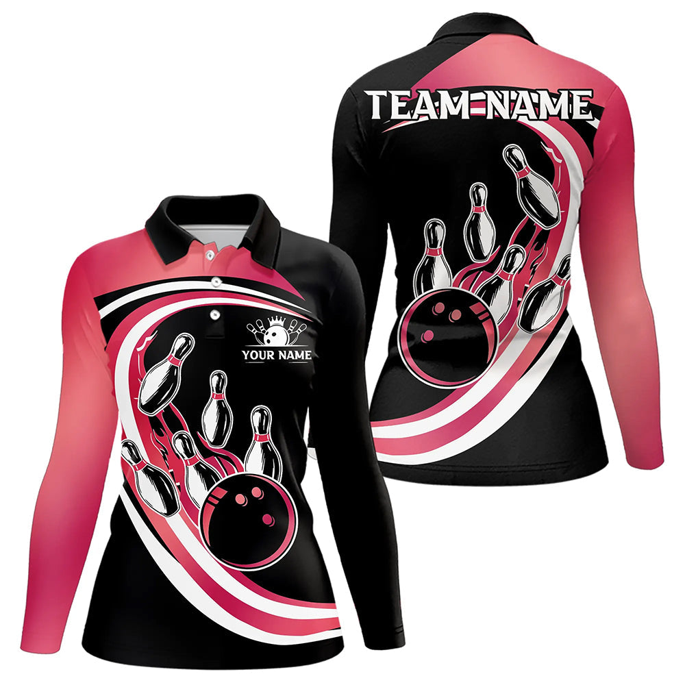 Black & Pink Bowling Polo, 1/4 Zip Shirt For Women Custom Bowling Team League Jersey, Gift For Bowler NQS9491