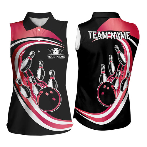 Black and Pink Bowling Sleeveless Polo Shirt Custom Bowling Team League Jersey, Gift For Bowlers NQS9491