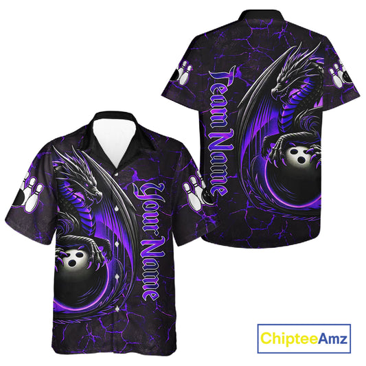 Black And Purple Custom Dragon Bowling Button-up Shirts, Dragon Hawaiian Bowling Team Shirts NQS11621