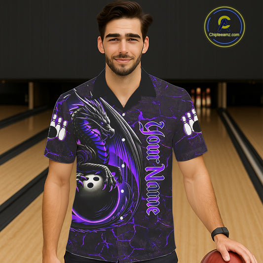 Black And Purple Custom Dragon Bowling Button-up Shirts, Dragon Hawaiian Bowling Team Shirts NQS11621