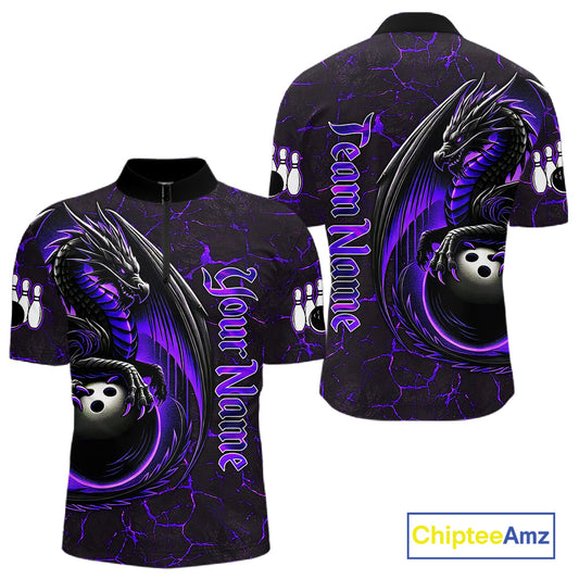 Black And Purple Custom Dragon Bowling Shirts For Men, Dragon Bowling Team Shirts NQS11621