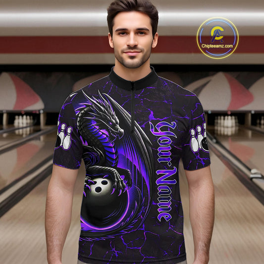 Black And Purple Custom Dragon Bowling Shirts For Men, Dragon Bowling Team Shirts NQS11621