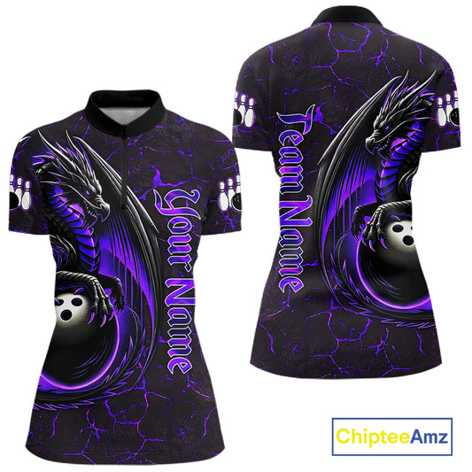 Black And Purple Custom Dragon Bowling Shirts For Women, Dragon Bowling Team Shirts NQS11621