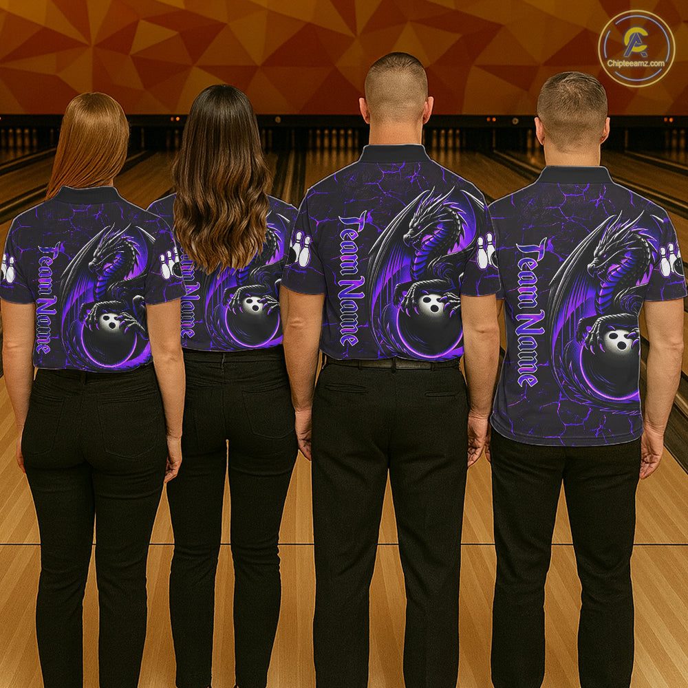Black And Purple Custom Dragon Bowling Shirts For Women, Dragon Bowling Team Shirts NQS11621