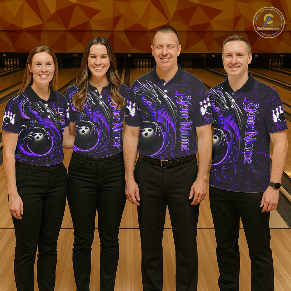 Black And Purple Custom Dragon Bowling Shirts For Women, Dragon Bowling Team Shirts NQS11621