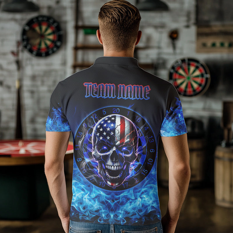 Blue Flame Smoke American Flag Eagle Skull Darts Polo, 1/4 Zip Shirts For Men Custom Darts Team Jersey NQS9658