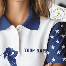 Load image into Gallery viewer, Red, White and Blue American Flag Golf polo shirt for Women custom patriotic ladies golf outfit NQS11728