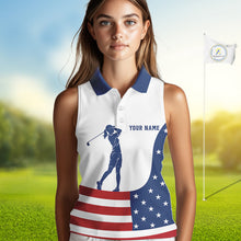 Load image into Gallery viewer, Red, White and Blue American Flag Sleeveless Golf polo shirt custom patriotic ladies golf outfit NQS11728