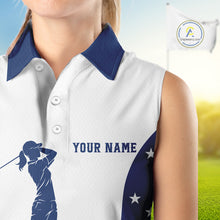 Load image into Gallery viewer, Red, White and Blue American Flag Sleeveless Golf polo shirt custom patriotic ladies golf outfit NQS11728