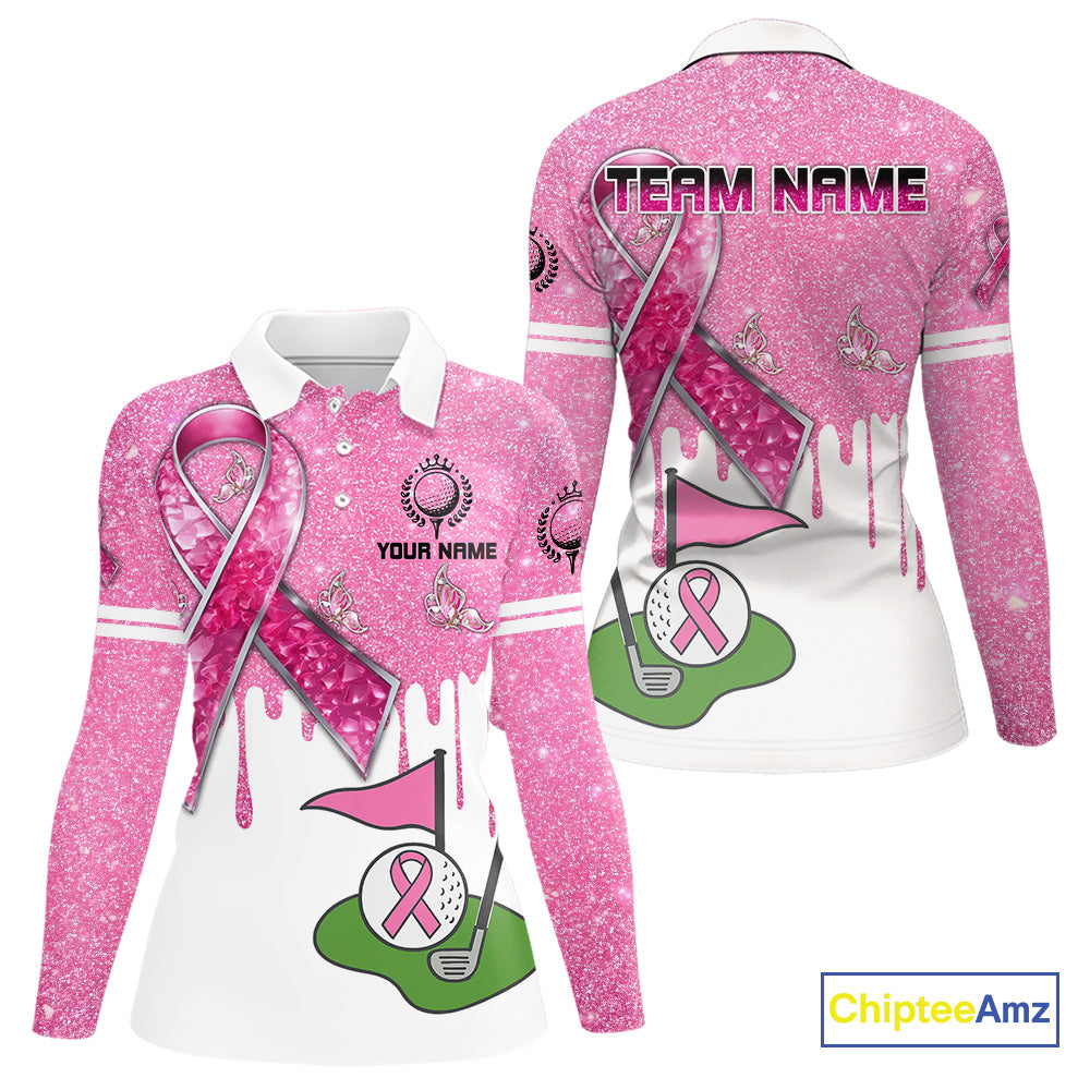 Pink ribbon glitter Golf Polo Shirts For Women Custom team golf jerseys, breast cancer golf shirts NQS9882